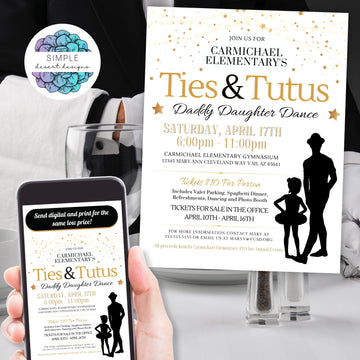 formal black and white with gold accents daddy daughter dance ties and tutus theme flyer invitations